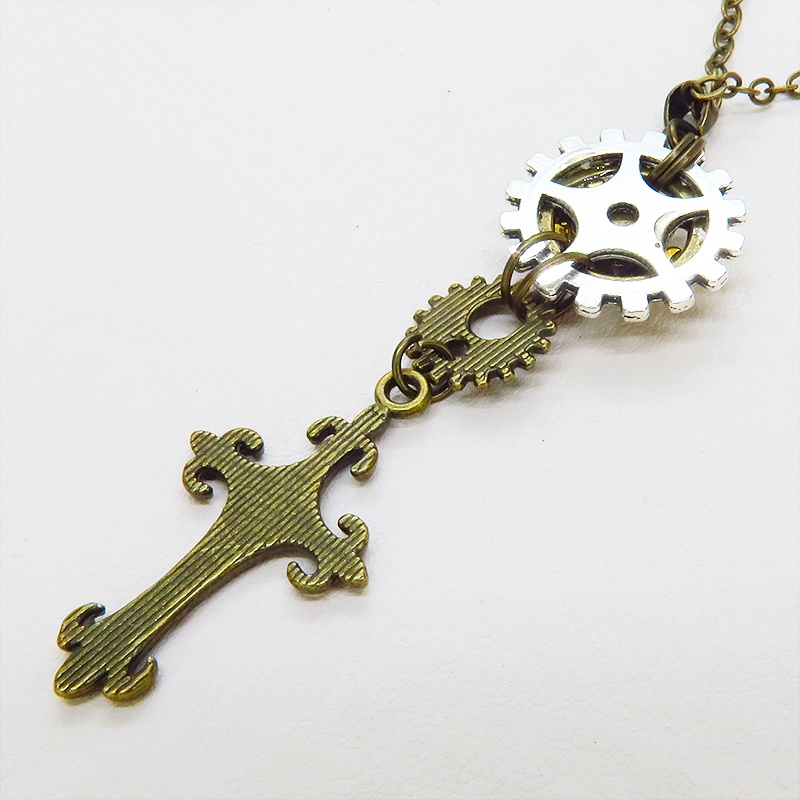アンティークゴールド ロザリオと歯車を組合せたスマートなスチームパンク風ネックレス ラインストーン 長さ調整可