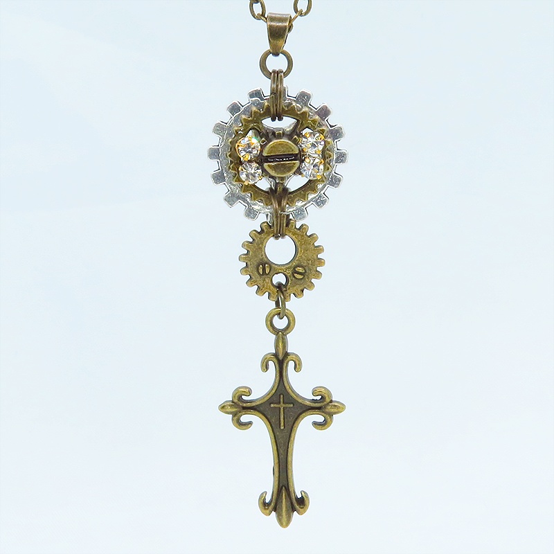 アンティークゴールド ロザリオと歯車を組合せたスマートなスチームパンク風ネックレス ラインストーン 長さ調整可