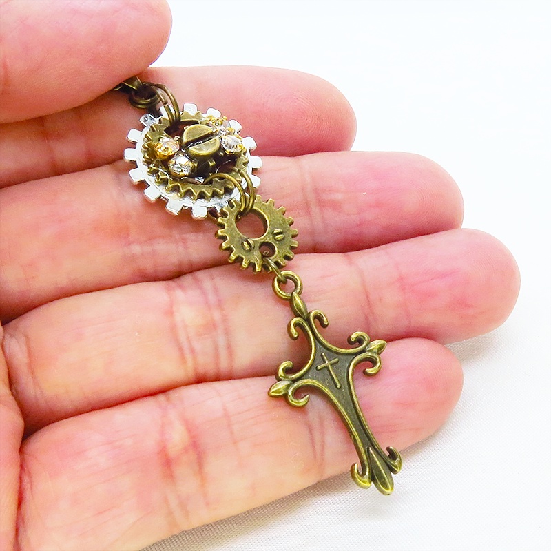 アンティークゴールド ロザリオと歯車を組合せたスマートなスチームパンク風ネックレス ラインストーン 長さ調整可