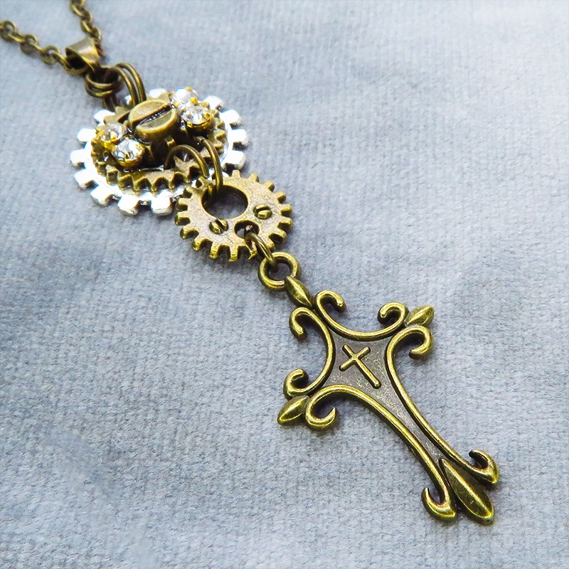 アンティークゴールド ロザリオと歯車を組合せたスマートなスチームパンク風ネックレス ラインストーン 長さ調整可