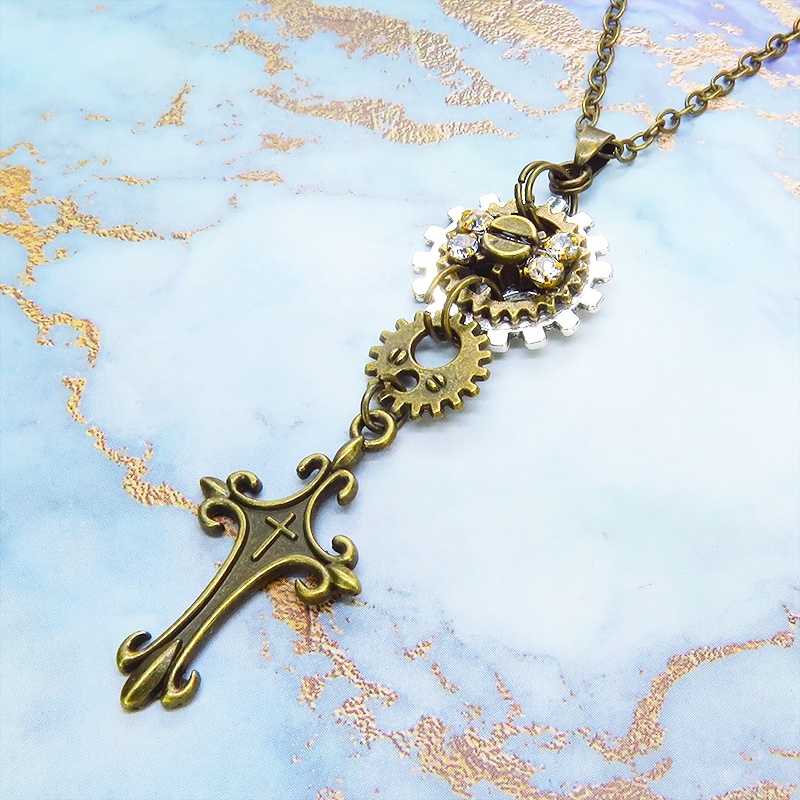 アンティークゴールド ロザリオと歯車を組合せたスマートなスチームパンク風ネックレス ラインストーン 長さ調整可
