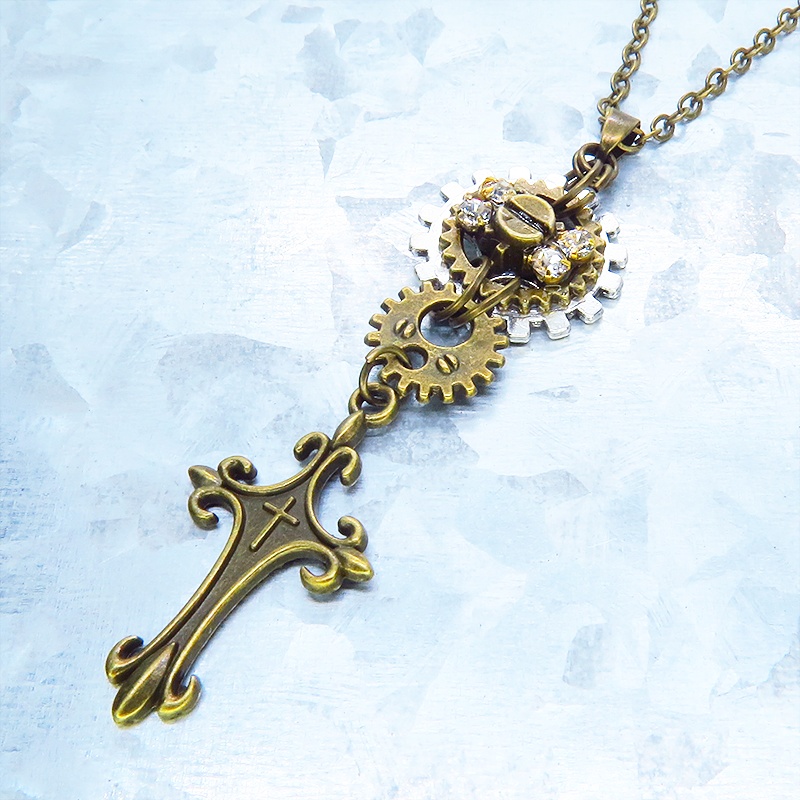 アンティークゴールド ロザリオと歯車を組合せたスマートなスチームパンク風ネックレス ラインストーン 長さ調整可
