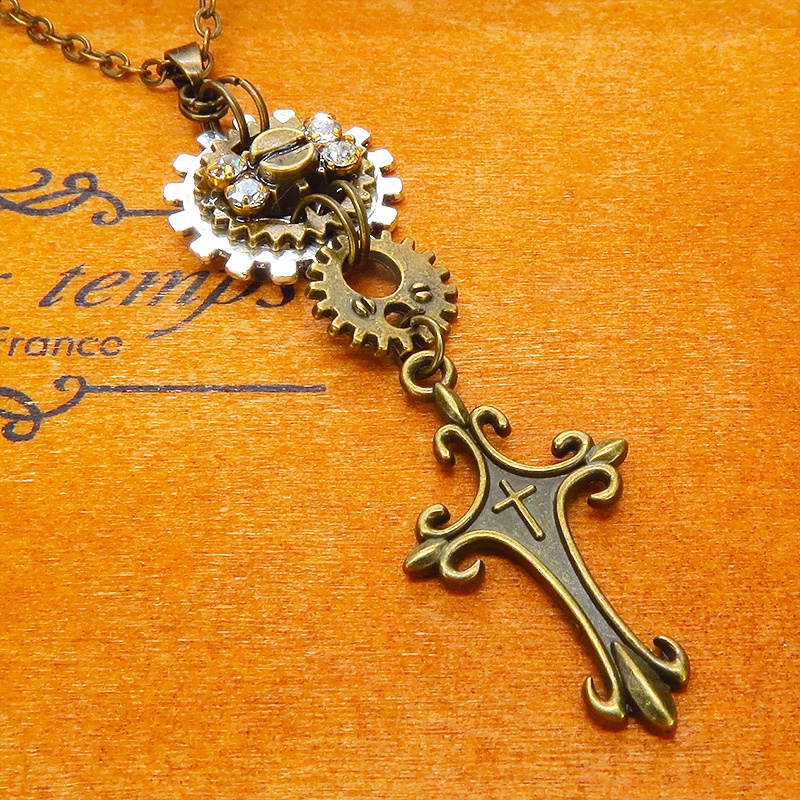 アンティークゴールド ロザリオと歯車を組合せたスマートなスチームパンク風ネックレス ラインストーン 長さ調整可