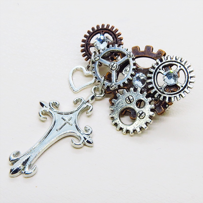 アンティークシルバー ロザリオと歯車を組合せたスチームパンク風ブローチ バッジ ラインストーン