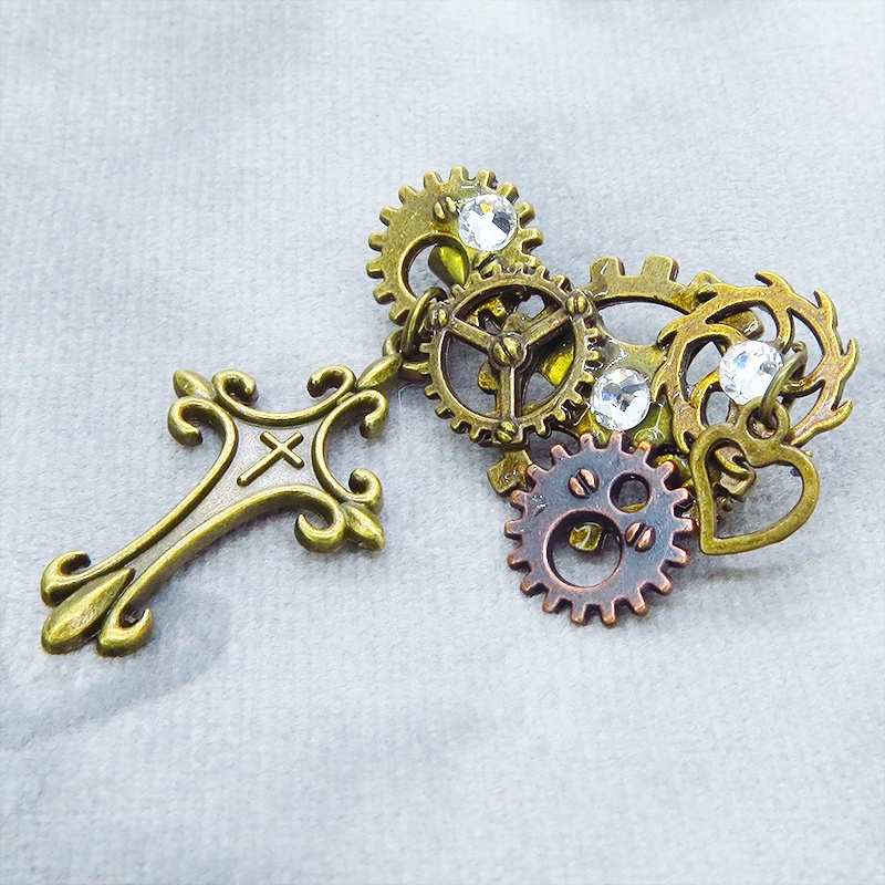 アンティークゴールド ロザリオと歯車を組合せたスチームパンク風ブローチ バッジ ラインストーン