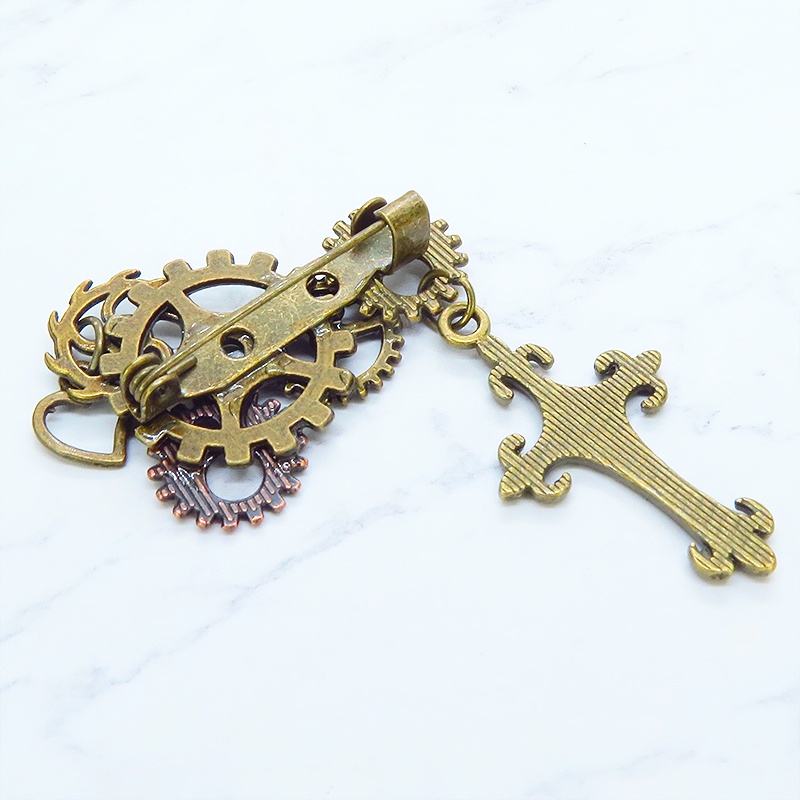 アンティークゴールド ロザリオと歯車を組合せたスチームパンク風ブローチ バッジ ラインストーン