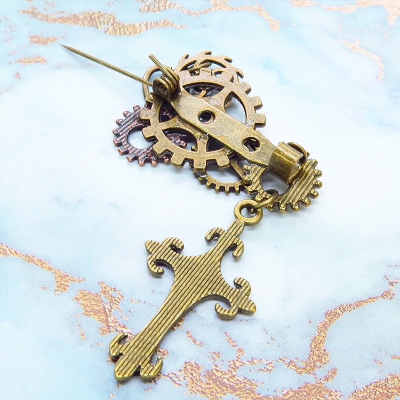 アンティークゴールド ロザリオと歯車を組合せたスチームパンク風ブローチ バッジ ラインストーン