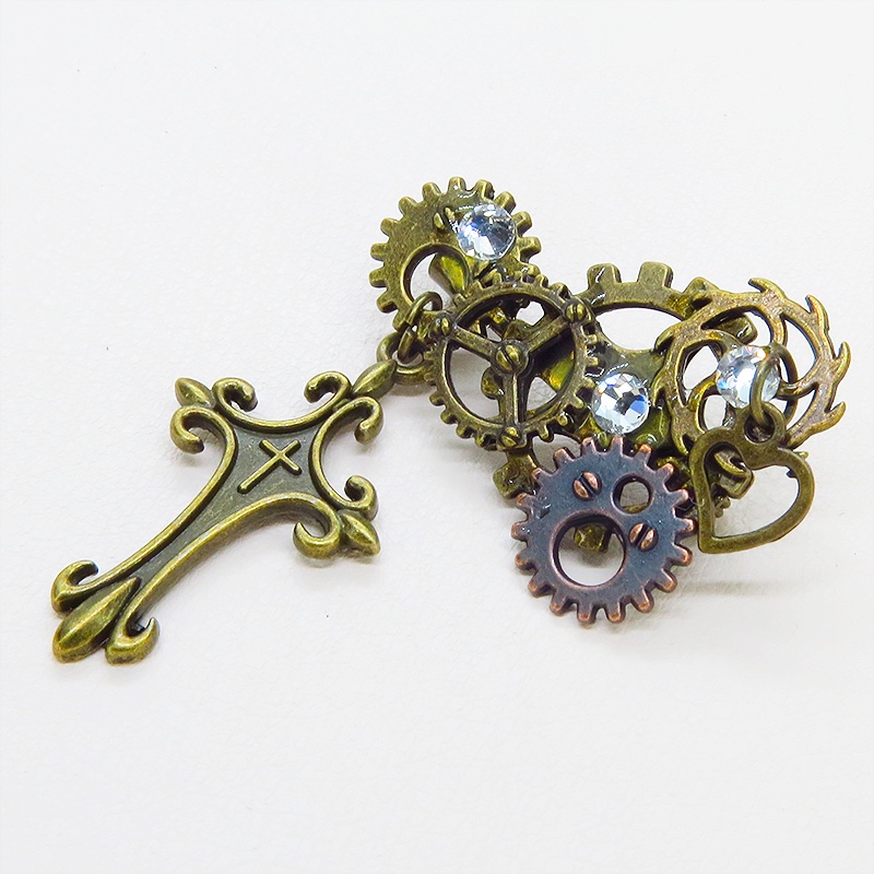 アンティークゴールド ロザリオと歯車を組合せたスチームパンク風ブローチ バッジ ラインストーン