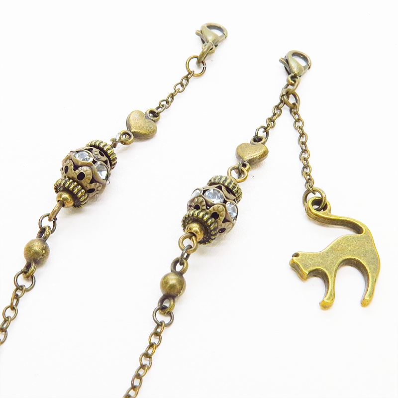 アンティークゴールド 跳ね猫とメタルビーズのメガネチェーン&マスクチェーン 吊り下げ型 メガネ留め