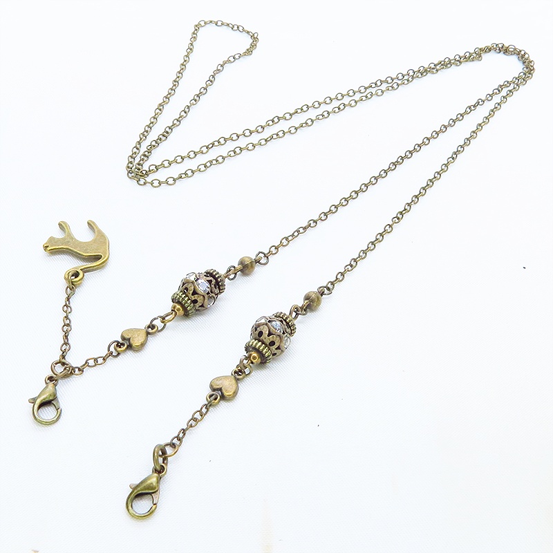 アンティークゴールド 跳ね猫とメタルビーズのメガネチェーン&マスクチェーン 吊り下げ型 メガネ留め