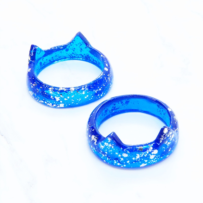 猫耳リング ブルーレジン シルバーラメ 指輪 リングサイズ16号 猫リング