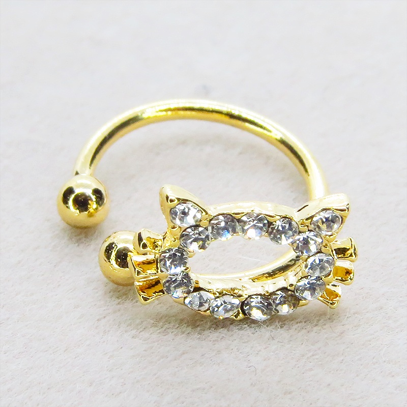 ゴールドカラー 猫フェイスモチーフのかわいいイヤーカフ(左耳用) ラインストーン(クリアカラー)