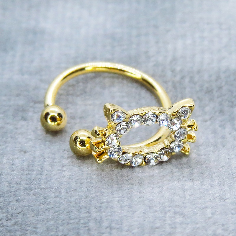 ゴールドカラー 猫フェイスモチーフのかわいいイヤーカフ(左耳用) ラインストーン(クリアカラー)