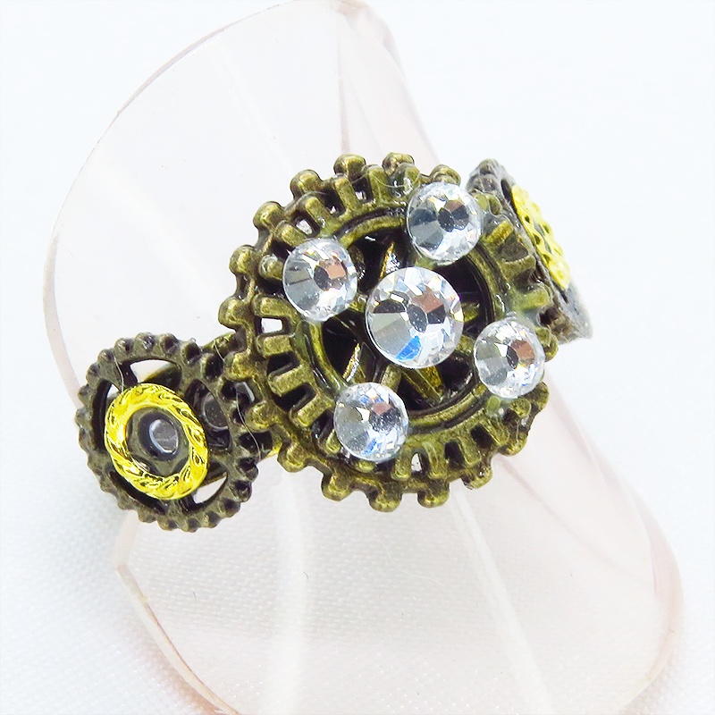 アンティクゴールドリング ラインストーンを散りばめた歯車のスチームパンク風リング 指輪 フリーサイズ