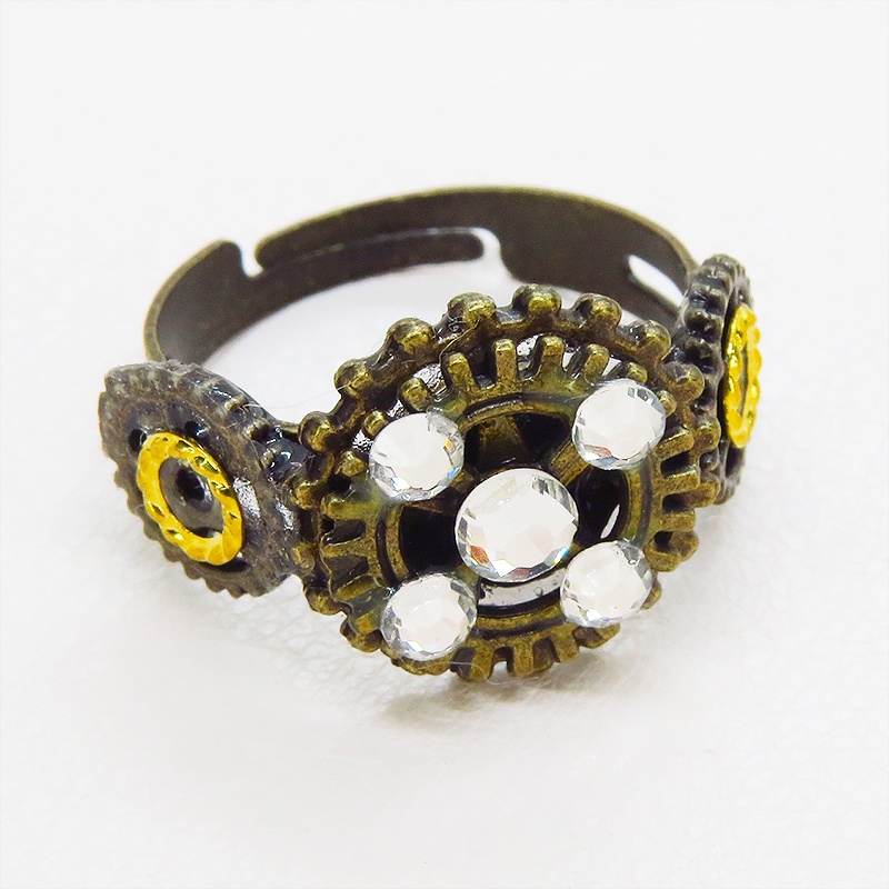 アンティクゴールドリング ラインストーンを散りばめた歯車のスチームパンク風リング 指輪 フリーサイズ