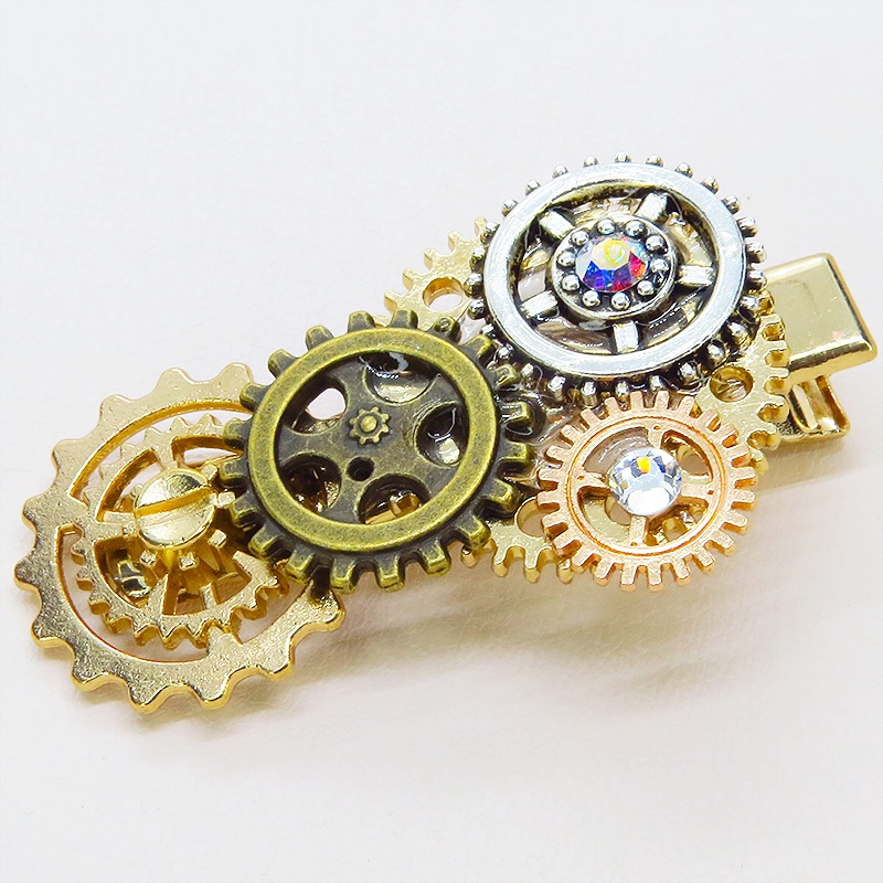 ゴールドカラー 歯車を組合せたスチームパンク風ヘアクリップ 髪飾り レジン
