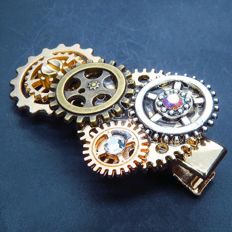ゴールドカラー 歯車を組合せたスチームパンク風ヘアクリップ 髪飾り レジン