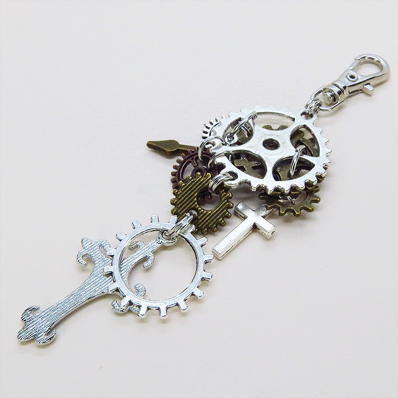 アンティークシルバー 歯車とロザリオを組合せたスチームパンク風キーホルダー バッグチャーム ラインストーン 金具変更可
