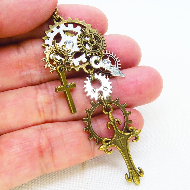 アンティークゴールド 歯車とロザリオを組合せたスチームパンク風キーホルダー バッグチャーム ラインストーン 金具変更可
