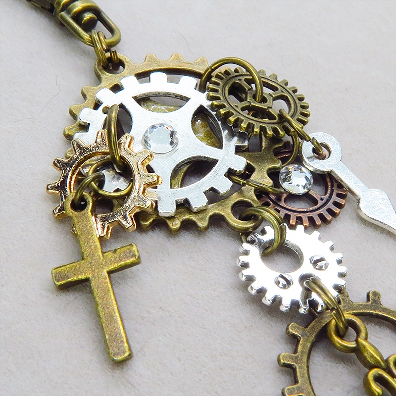 アンティークゴールド 歯車とロザリオを組合せたスチームパンク風キーホルダー バッグチャーム ラインストーン 金具変更可