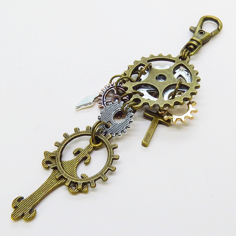 アンティークゴールド 歯車とロザリオを組合せたスチームパンク風キーホルダー バッグチャーム ラインストーン 金具変更可