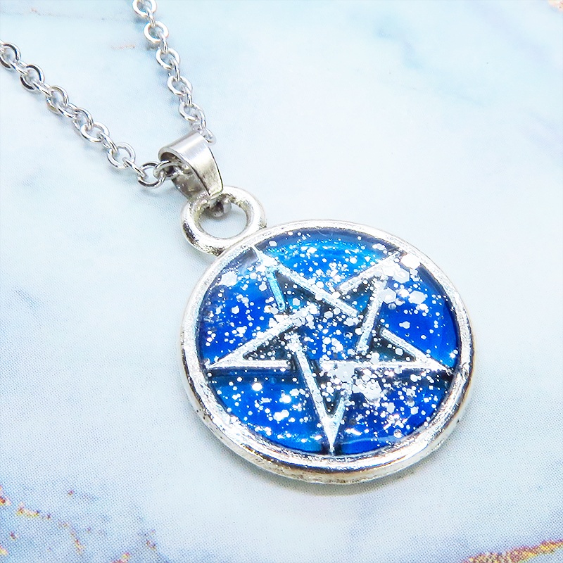 アンティークシルバー ブルーレジンペンタグラム ペンダントネックレス レジン 長さ調整可