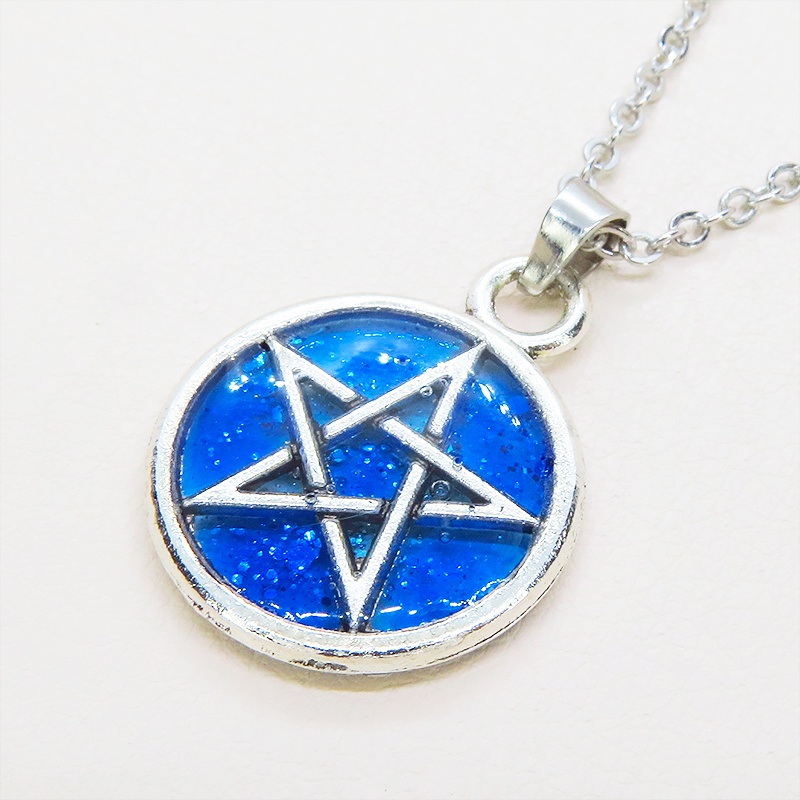 アンティークシルバー ブルーレジンペンタグラム ペンダントネックレス レジン 長さ調整可