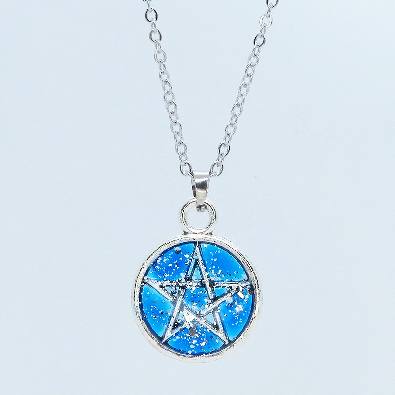 アンティークシルバー ブルーレジンペンタグラム ペンダントネックレス レジン 長さ調整可