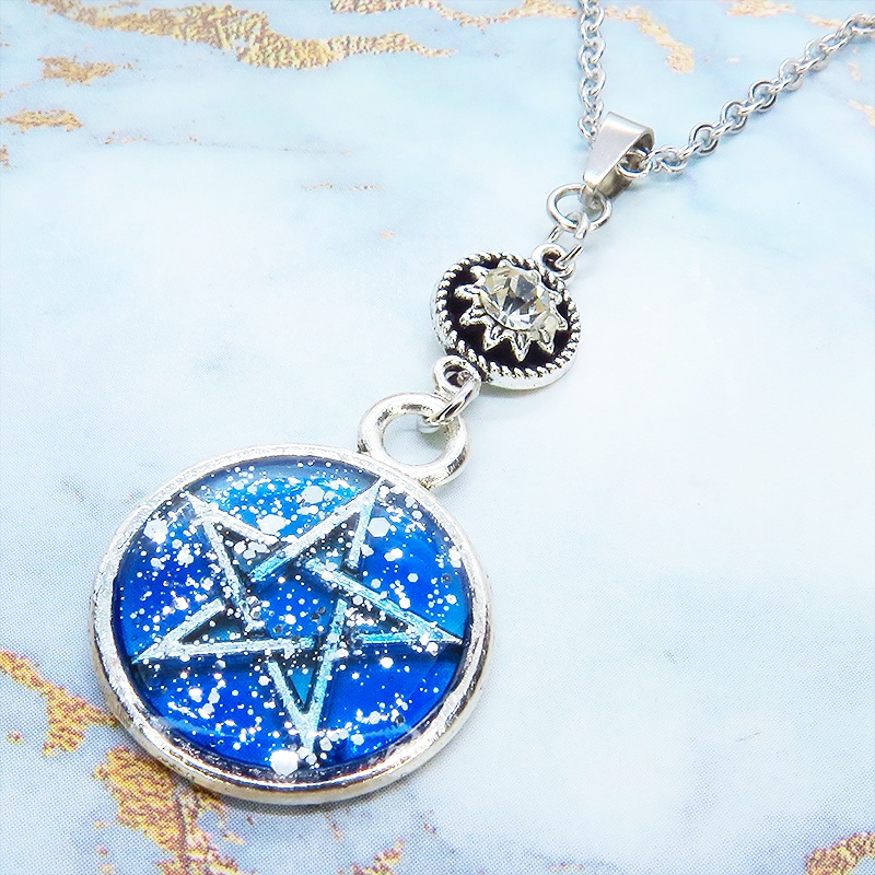 アンティークシルバー ブルーレジンペンタグラム ペンダントネックレス レジン ラインストーン 長さ調整可