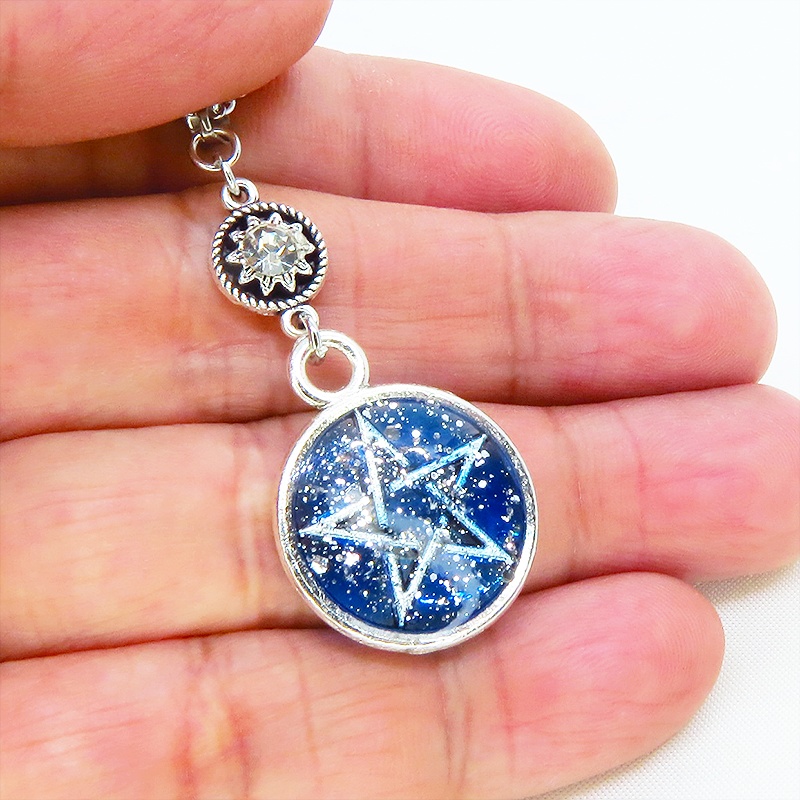 アンティークシルバー ブルーレジンペンタグラム ペンダントネックレス レジン ラインストーン 長さ調整可