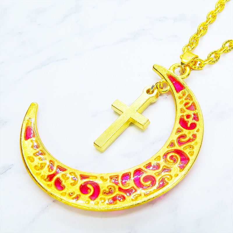 ゴールドカラー アラベスク調の透かし模様のスカーレットカラーの三日月とロザリオのネックレス 長さ調整可