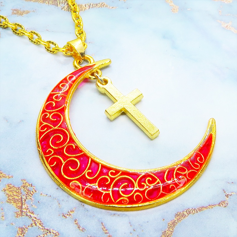 ゴールドカラー アラベスク調の透かし模様のスカーレットカラーの三日月とロザリオのネックレス 長さ調整可