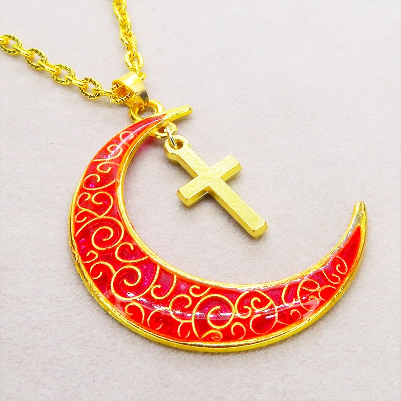 ゴールドカラー アラベスク調の透かし模様のスカーレットカラーの三日月とロザリオのネックレス 長さ調整可