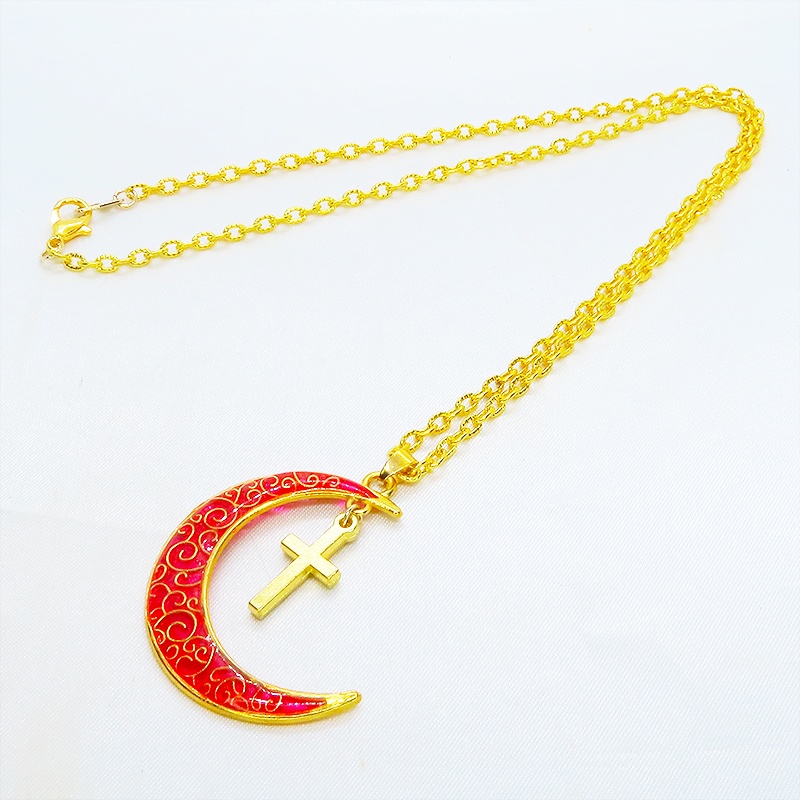 ゴールドカラー アラベスク調の透かし模様のスカーレットカラーの三日月とロザリオのネックレス 長さ調整可