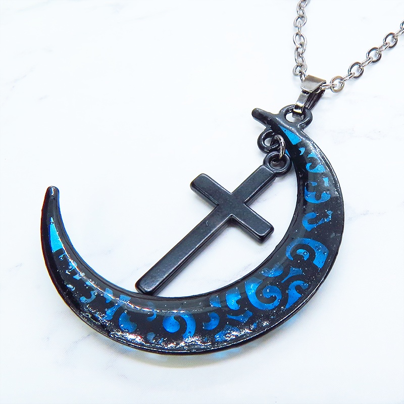 ゴシック調ブルーブラックムーンネックレス ロザリオ ブラック(ガンメタル)チェーン 長さ調整可