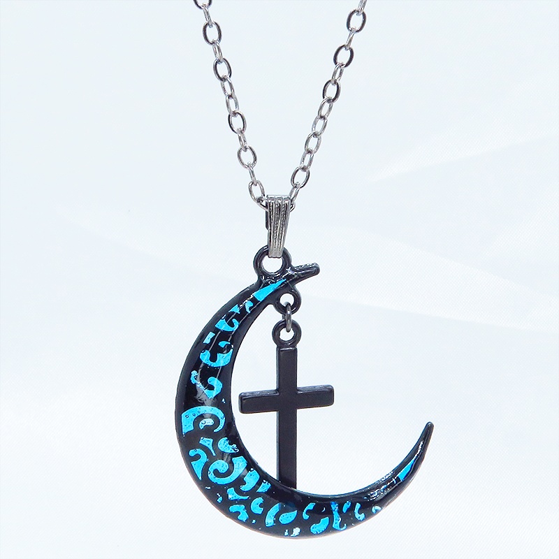 ゴシック調ブルーブラックムーンネックレス ロザリオ ブラック(ガンメタル)チェーン 長さ調整可