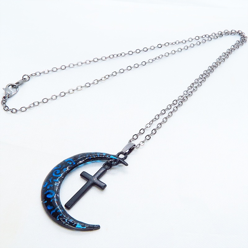 ゴシック調ブルーブラックムーンネックレス ロザリオ ブラック(ガンメタル)チェーン 長さ調整可
