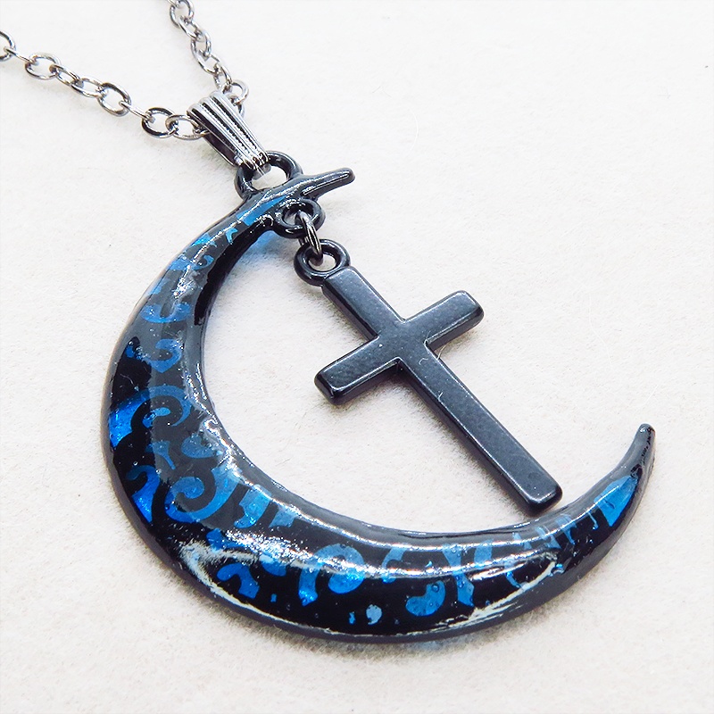 ゴシック調ブルーブラックムーンネックレス ロザリオ ブラック(ガンメタル)チェーン 長さ調整可