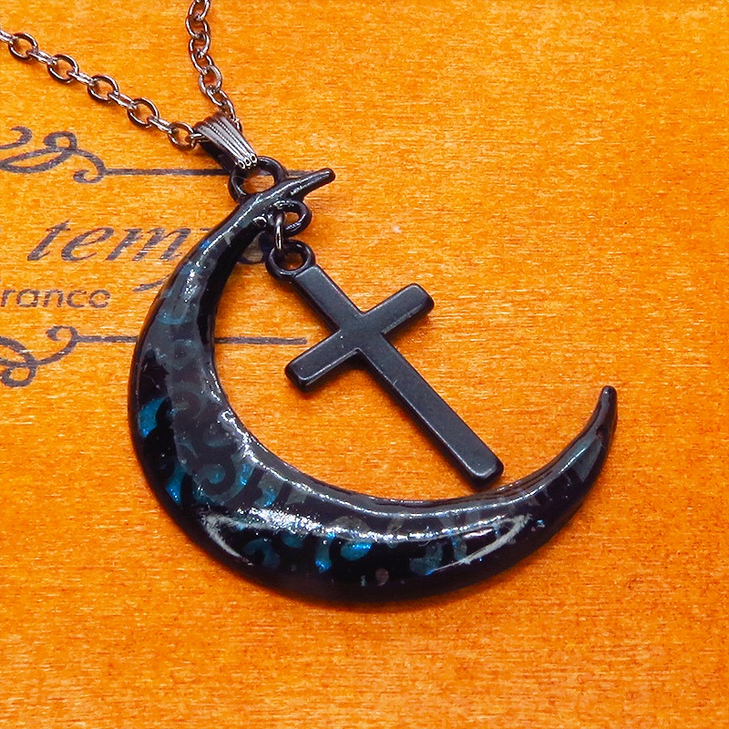 ゴシック調ブルーブラックムーンネックレス ロザリオ ブラック(ガンメタル)チェーン 長さ調整可