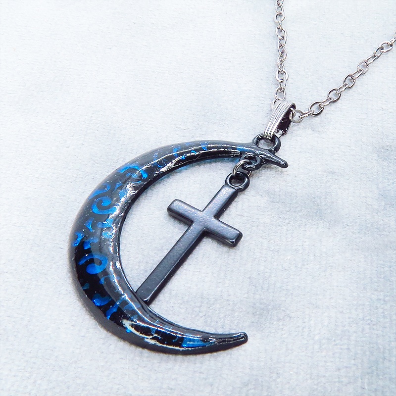 ゴシック調ブルーブラックムーンネックレス ロザリオ ブラック(ガンメタル)チェーン 長さ調整可