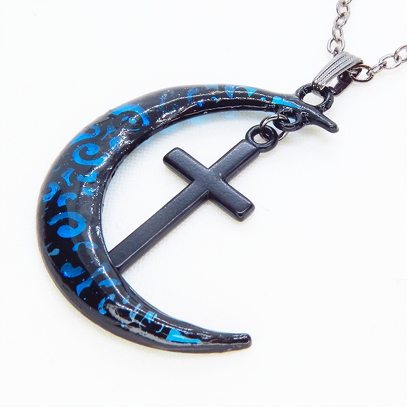 ゴシック調ブルーブラックムーンネックレス ロザリオ ブラック(ガンメタル)チェーン 長さ調整可