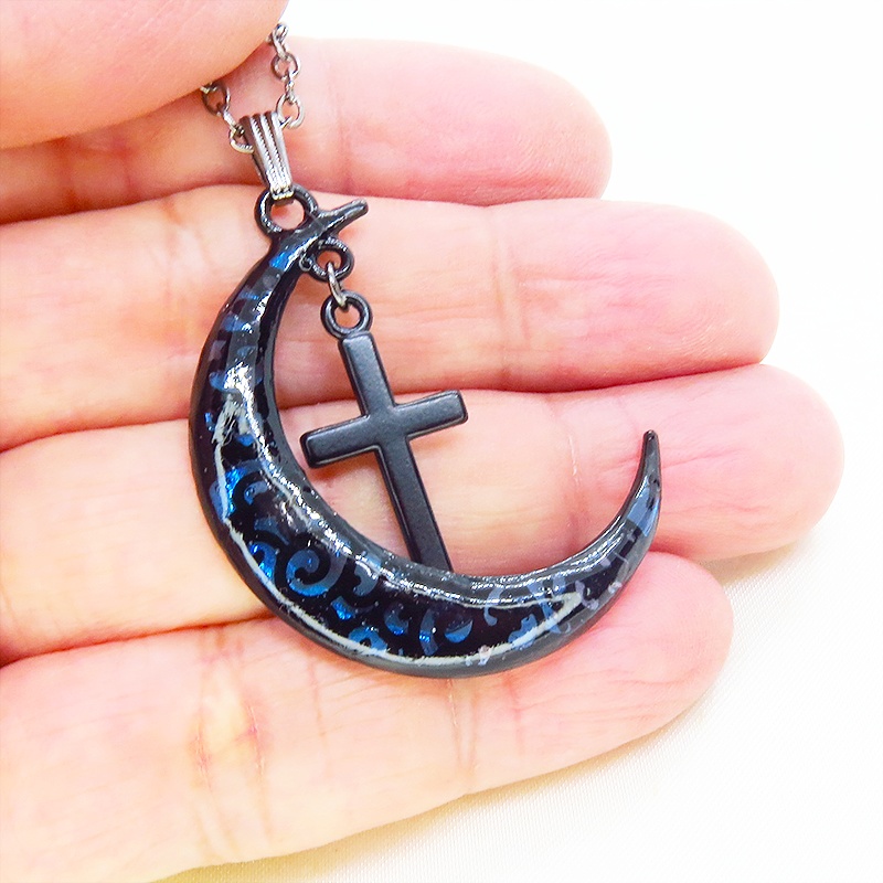 ゴシック調ブルーブラックムーンネックレス ロザリオ ブラック(ガンメタル)チェーン 長さ調整可