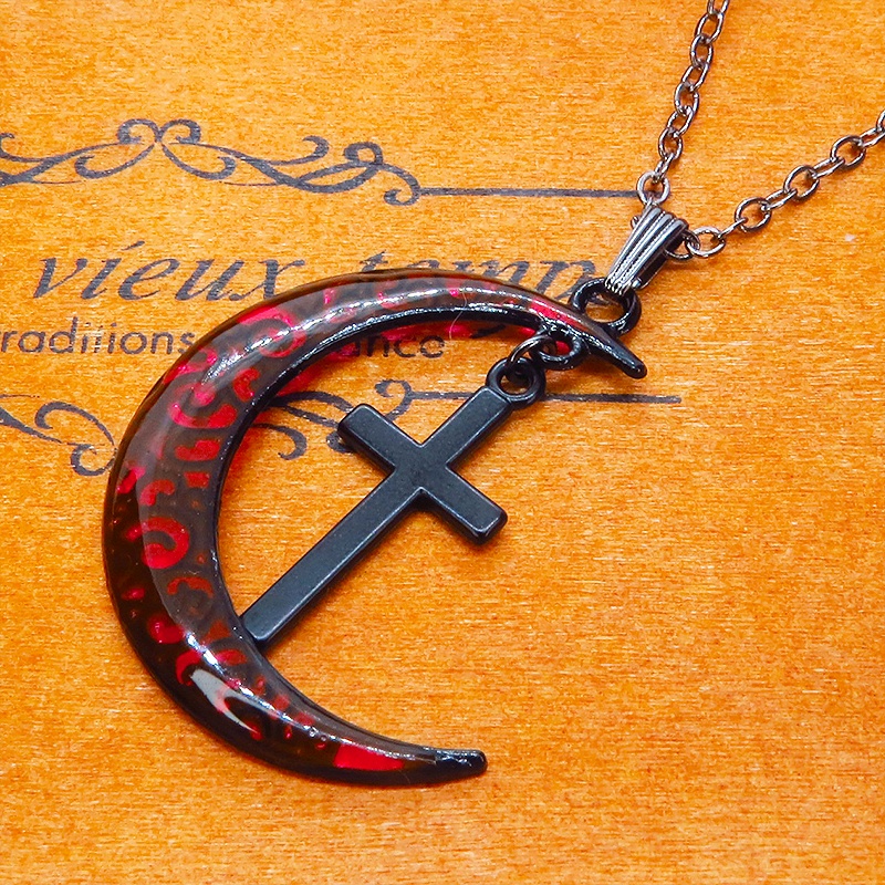 ゴシック調レッドブラックムーンネックレス ロザリオ ブラック(ガンメタル)チェーン 長さ調整可