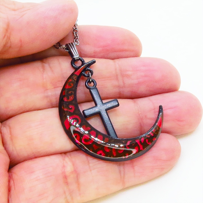 ゴシック調レッドブラックムーンネックレス ロザリオ ブラック(ガンメタル)チェーン 長さ調整可