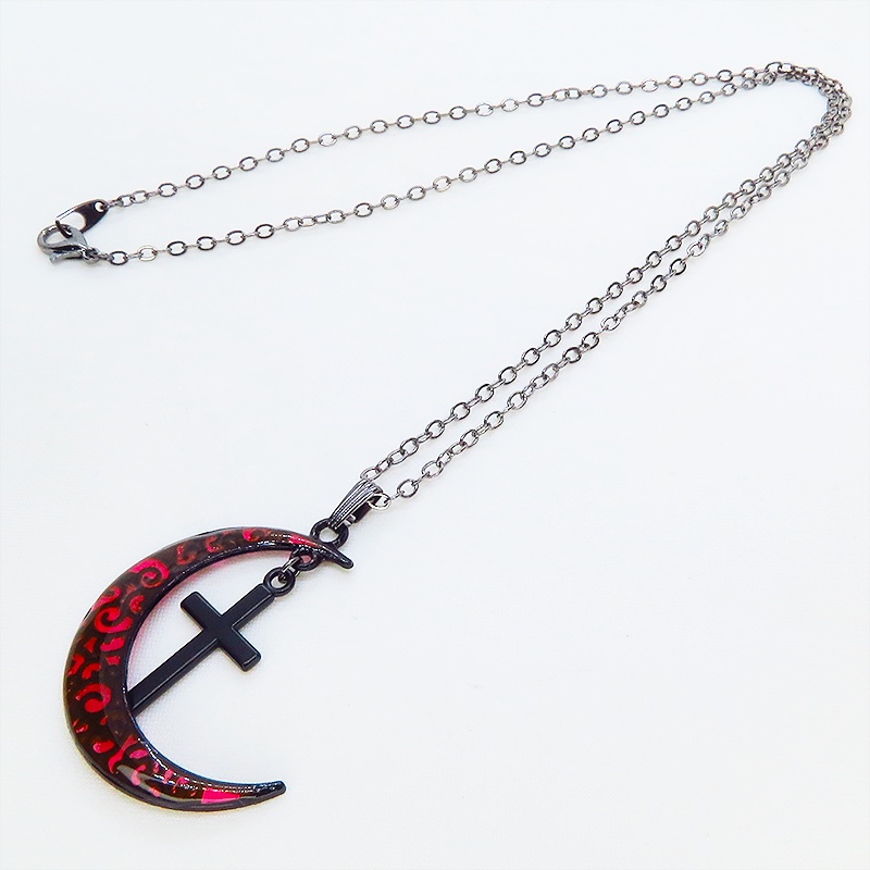 ゴシック調レッドブラックムーンネックレス ロザリオ ブラック(ガンメタル)チェーン 長さ調整可