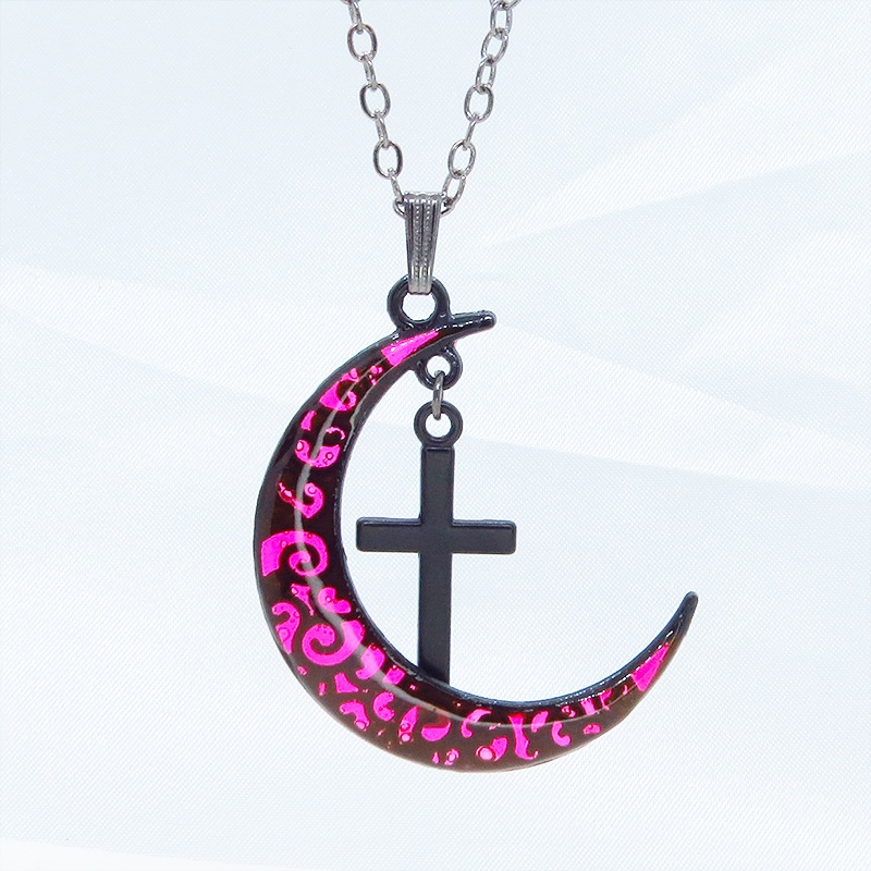 ゴシック調レッドブラックムーンネックレス ロザリオ ブラック(ガンメタル)チェーン 長さ調整可