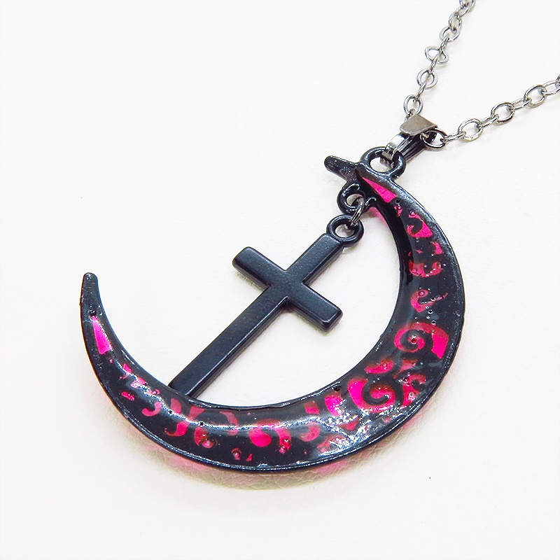 ゴシック調レッドブラックムーンネックレス ロザリオ ブラック(ガンメタル)チェーン 長さ調整可