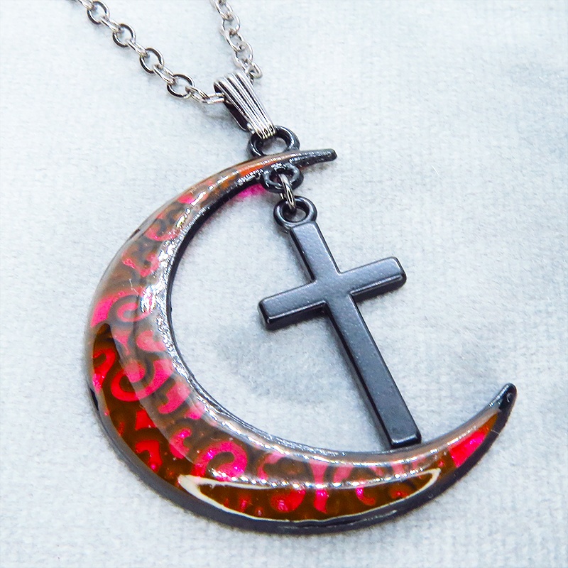 ゴシック調レッドブラックムーンネックレス ロザリオ ブラック(ガンメタル)チェーン 長さ調整可