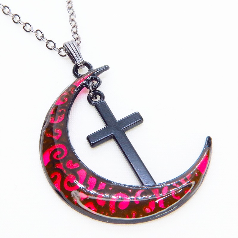 ゴシック調レッドブラックムーンネックレス ロザリオ ブラック(ガンメタル)チェーン 長さ調整可