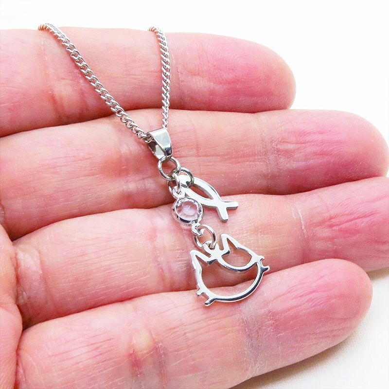 シルバーカラー 三毛猫フェイスとラインストーンを組合せたコンパクトなネックレス 長さ調整可 ステンレス可